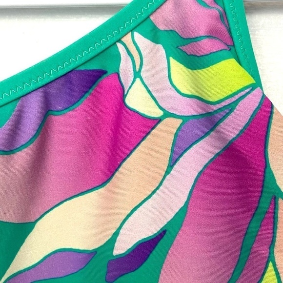 Athleta Teal Vintage Floral Hawaiian Green Pink One Piece Strappy Swimsuit - Picture 2 of 8